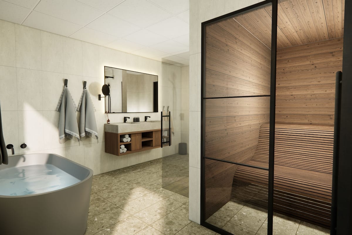 deluxe suite, sauna, lake view | bathroom | separate bathtub and shower, hair dryer, bathrobes, towels