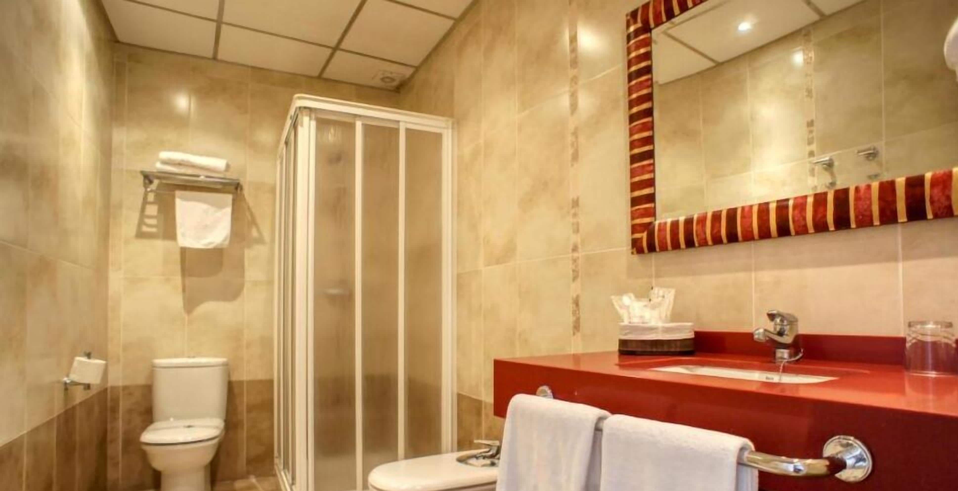 deep-soaking bathtub, hair dryer, bidet, towels