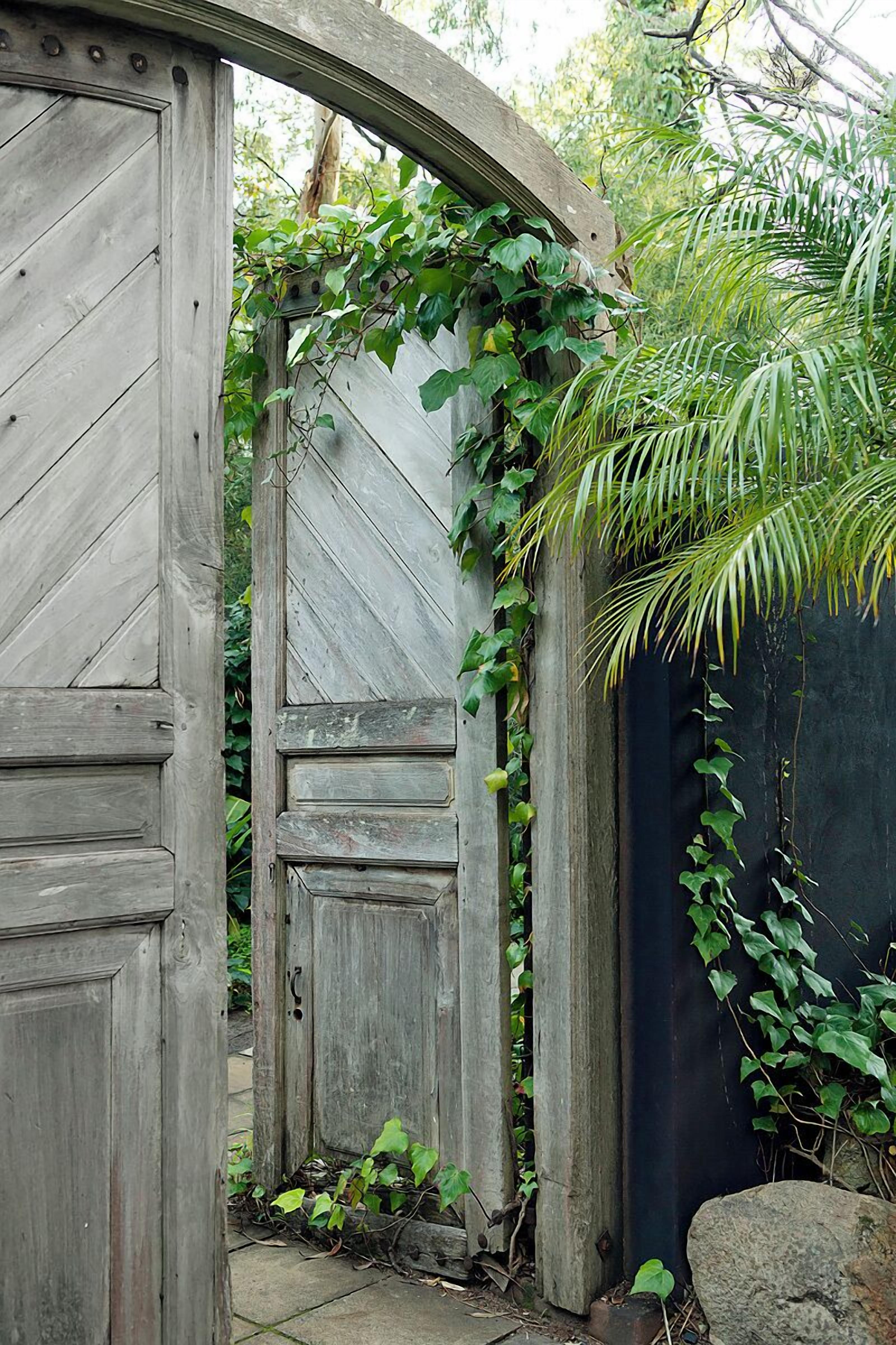 A wooden gate with a curved top, partially covered by green vines.