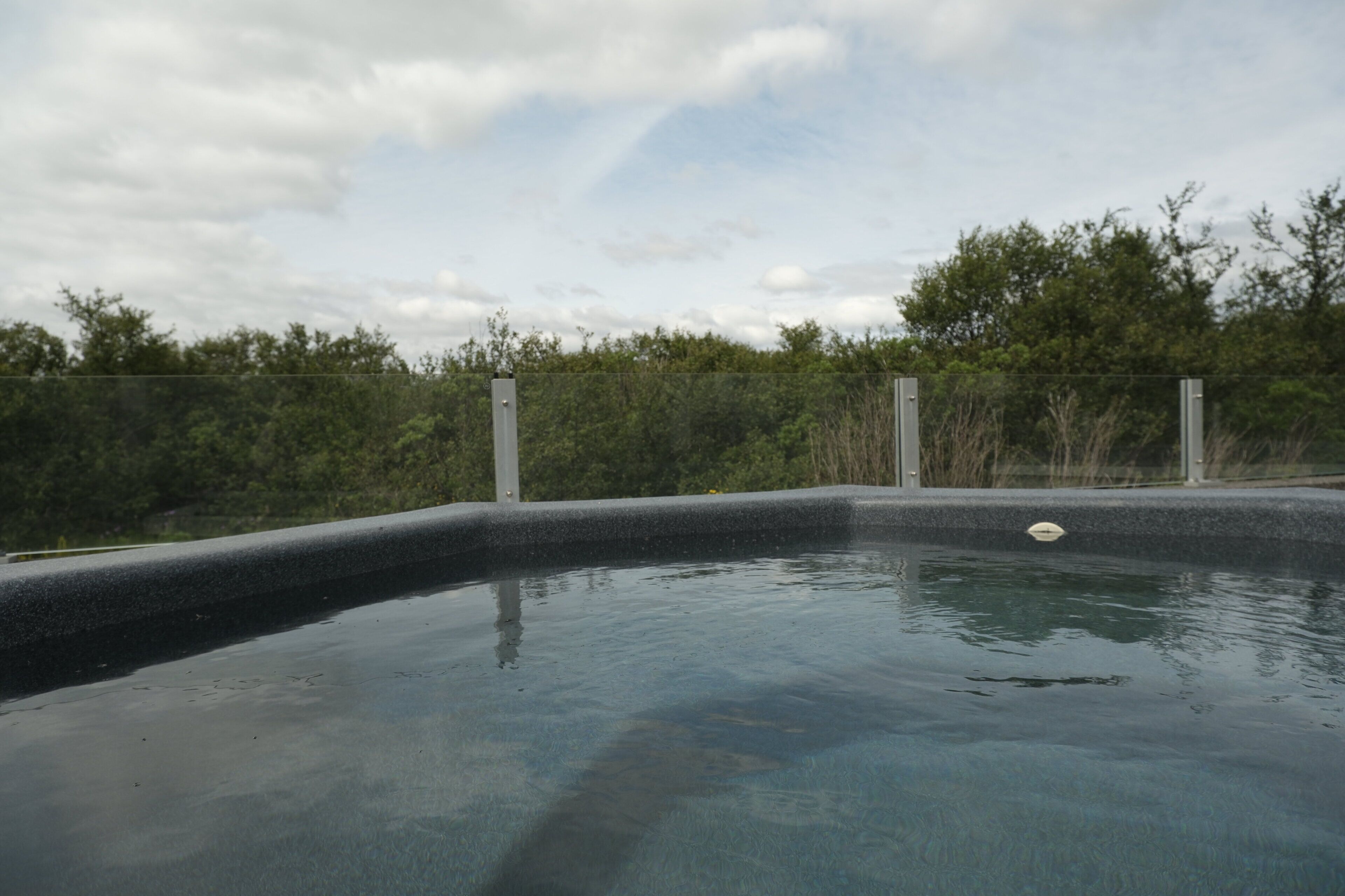 A swimming pool with a curved edge, surrounded by a fence and trees.
