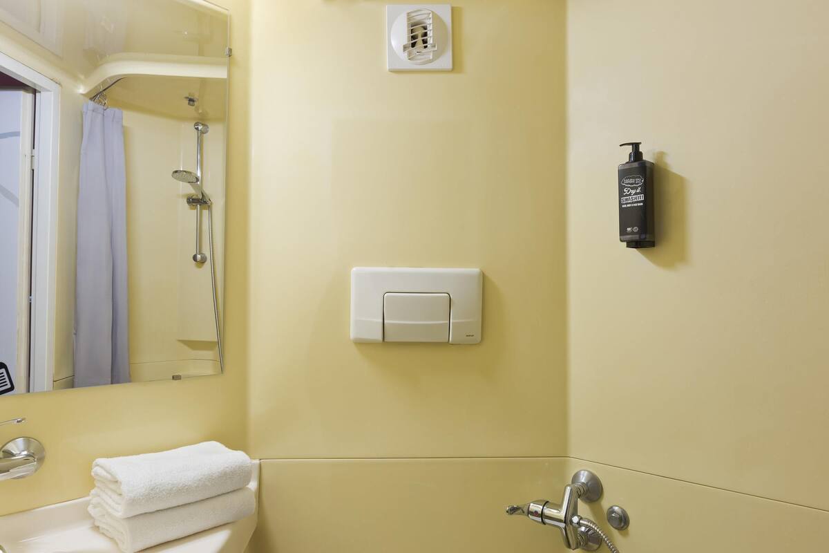 A bathroom with a sink, mirror, towel rack, shower, and a soap dispenser.