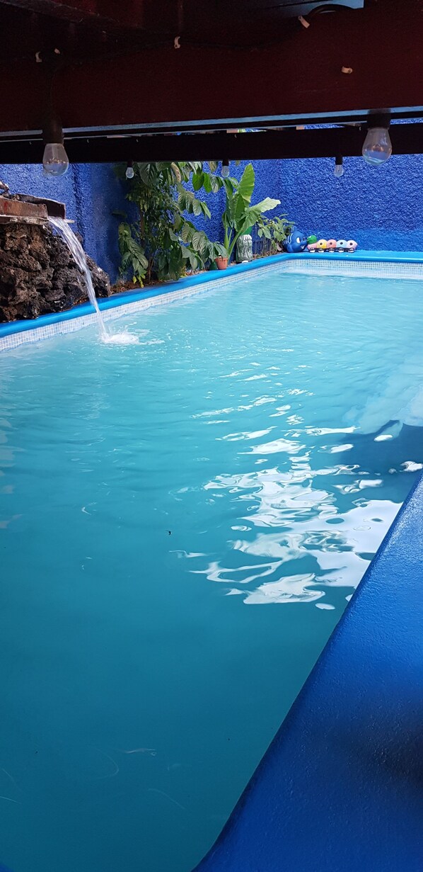 A swimming pool with a blue tiled edge, a waterfall feature, and potted plants.