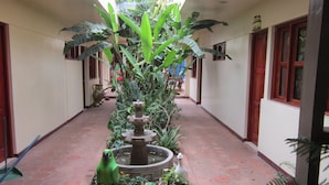 Un patio con una fuente, una escultura de loro y una escultura de hongo.