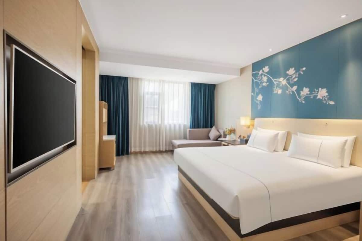 A hotel room with a large bed, a TV, a desk with a lamp, and a window with curtains.