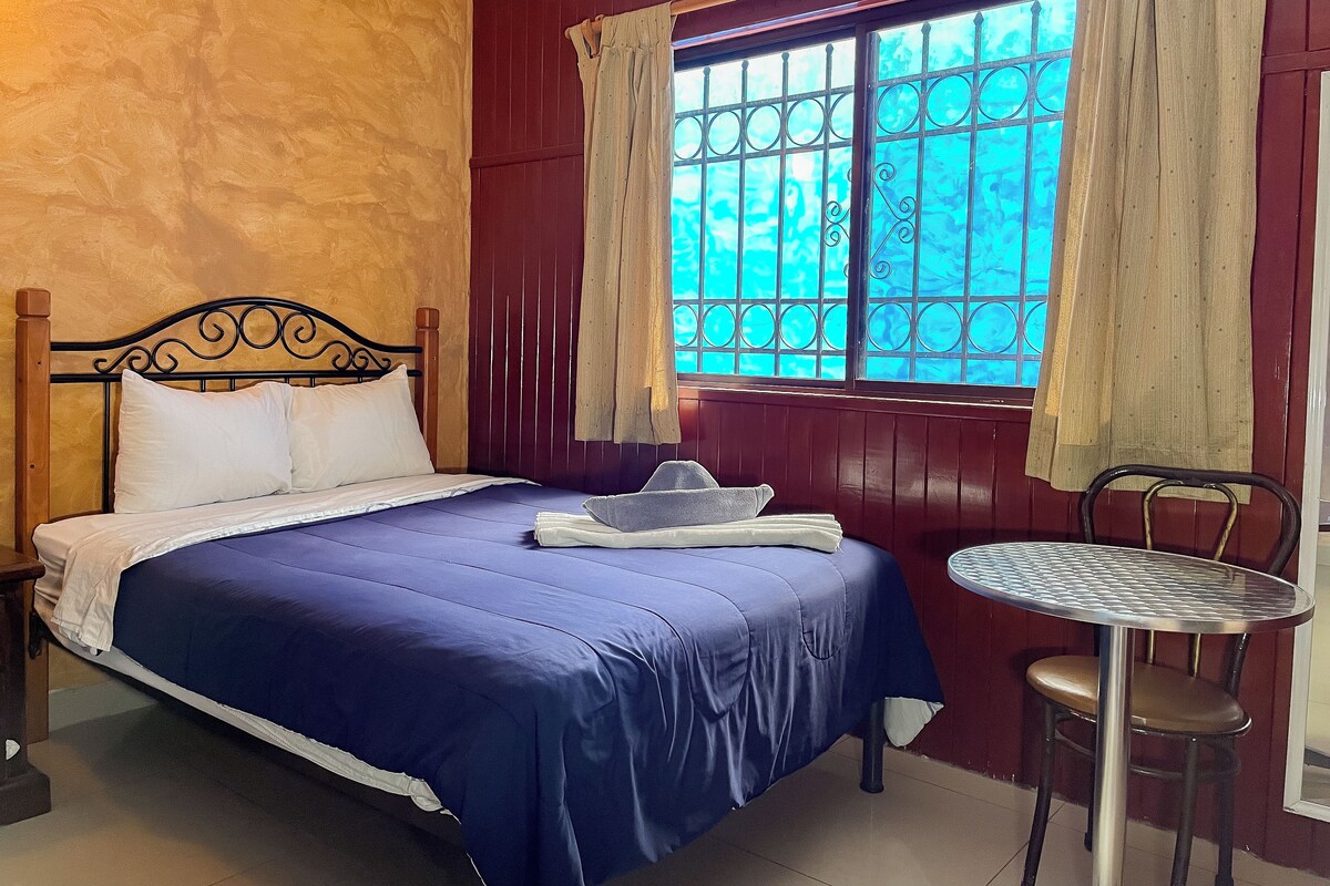 A room with a bed, a table, and a window with curtains.
