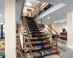 A staircase with metal railings and carpeted steps.