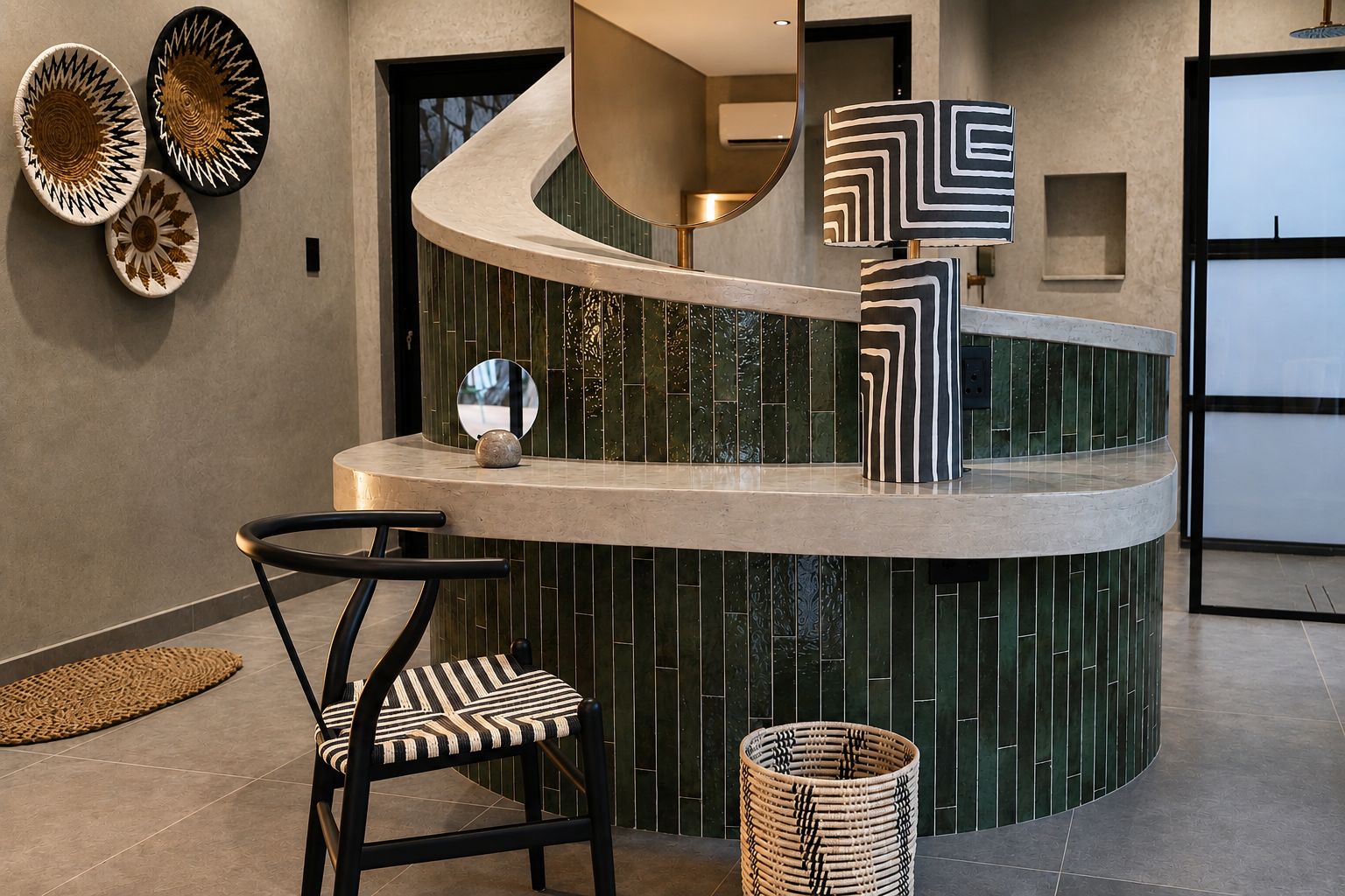 A modern reception area with a curved counter, a chair, and decorative wall art.