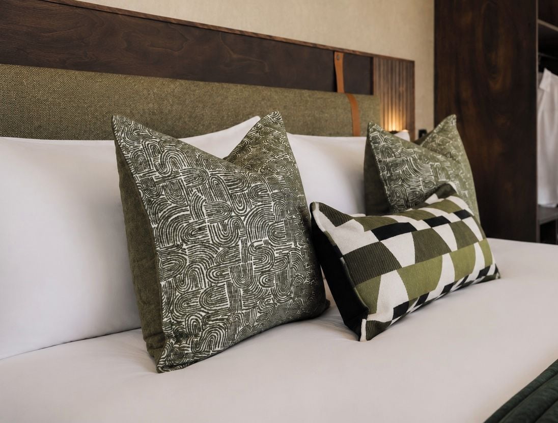A bed with two pillows, one with a geometric pattern and another with a checkered design.