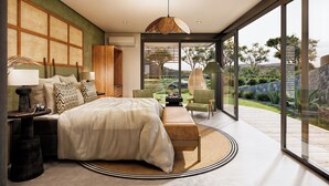 Un dormitorio moderno con una cama grande, una mesita de noche, una lámpara y vistas al exterior.