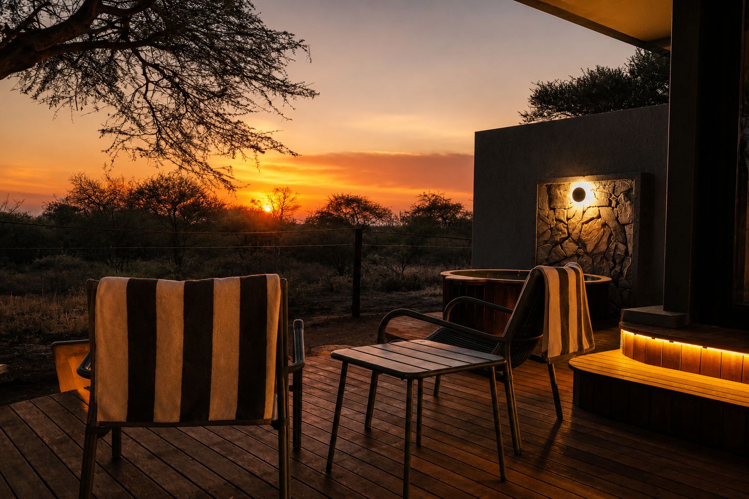 An outdoor seating area with chairs and a table, overlooking a sunset with trees in the background.