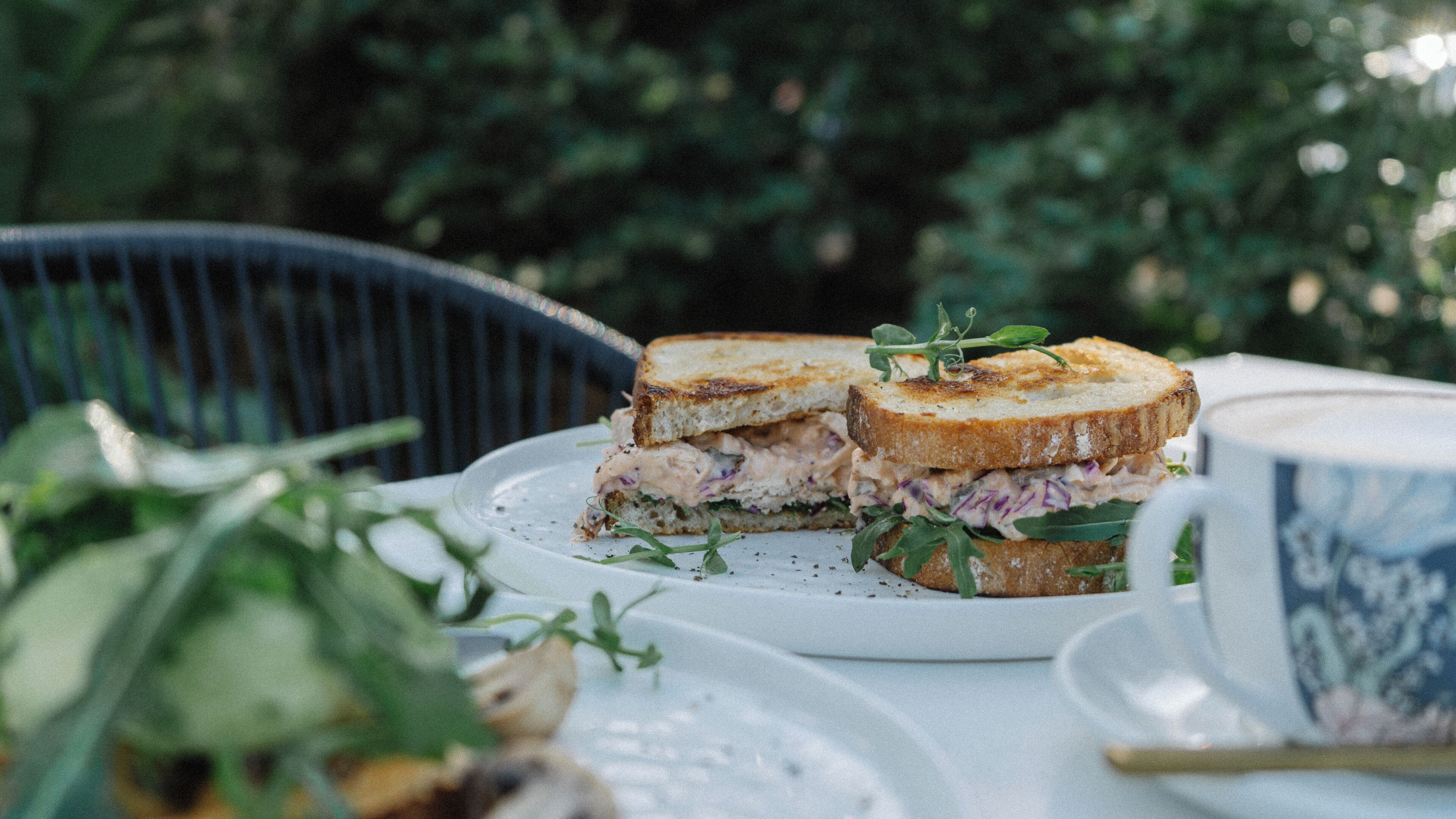 A sandwich on a white plate with a cup and saucer beside it.