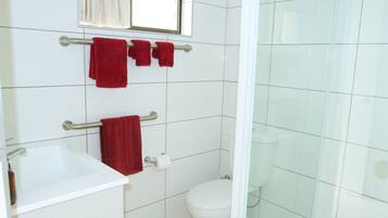 A bathroom with a white sink, a toilet, and a glass shower enclosure.