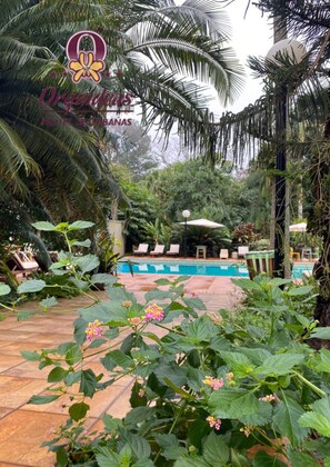 Una piscina al aire libre, sombrillas, sillones reclinables de piscina