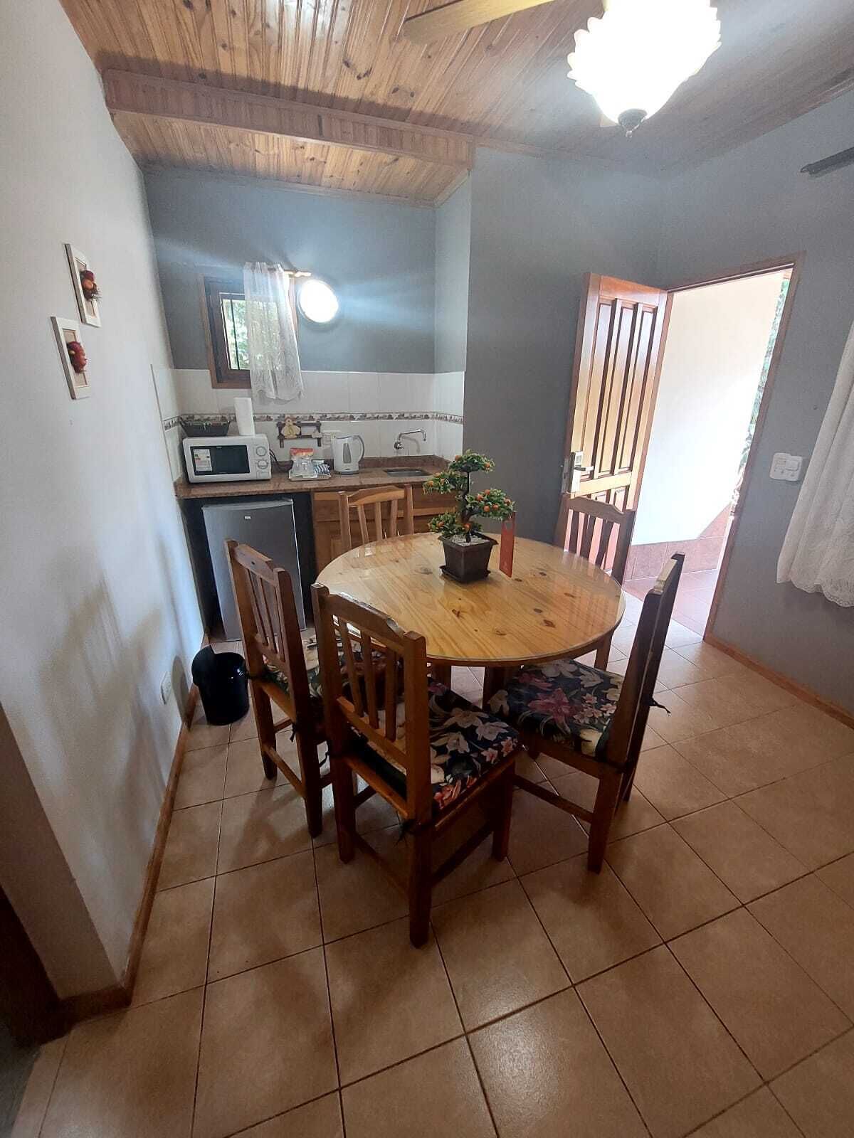 Zona pranzo con un tavolo rotondo in legno, sedie, una pianta in vaso e una cucina sullo sfondo.