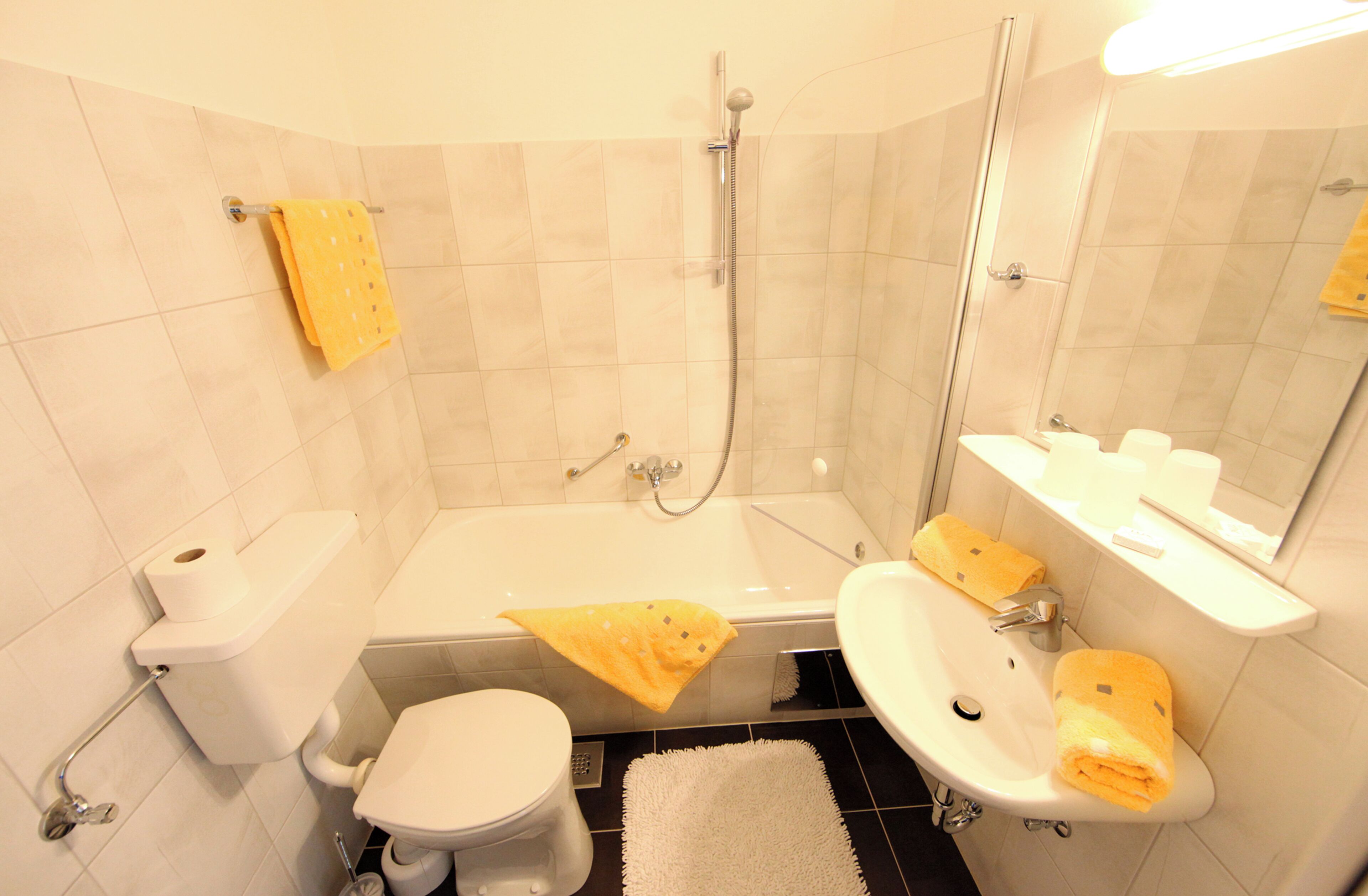 combined shower/bathtub, free toiletries, hair dryer, towels