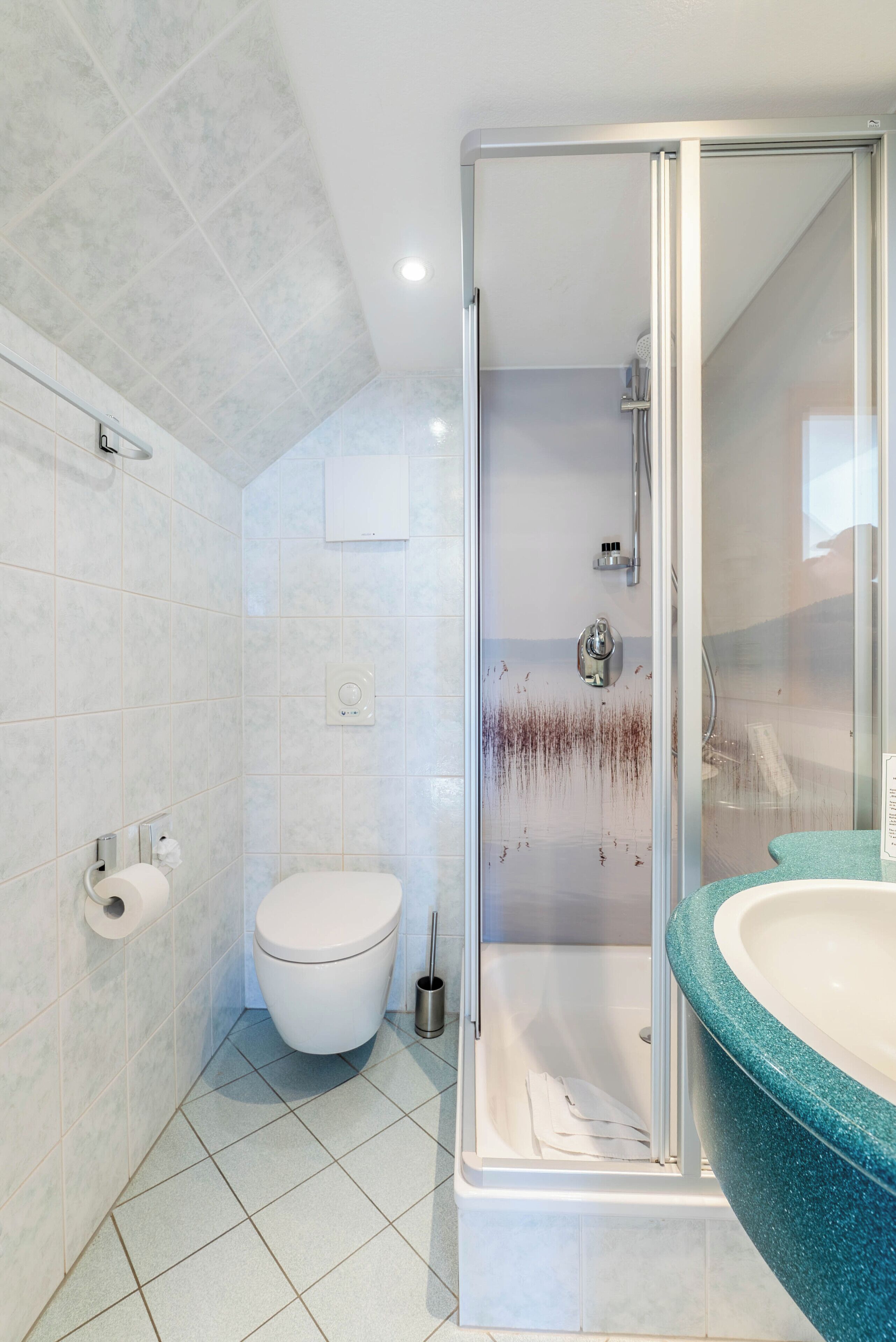 A bathroom with a glass-enclosed shower, a toilet, and a sink with a green countertop.
