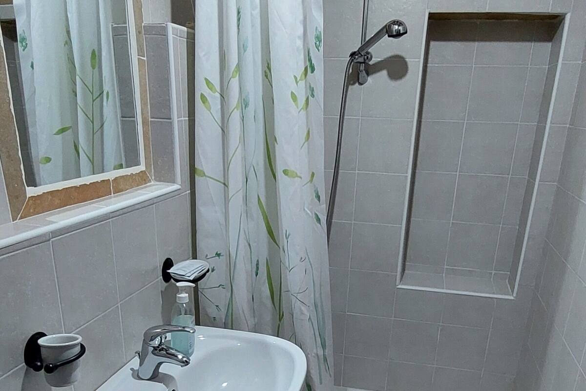 A bathroom with a sink, a mirror, a shower, and a toilet.