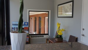 Una habitación con ventana, un cuadro en la pared, una planta en maceta y una pequeña mesa con una silla.