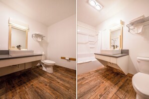 Bathroom features a sink, toilet, shower, and towel rack.