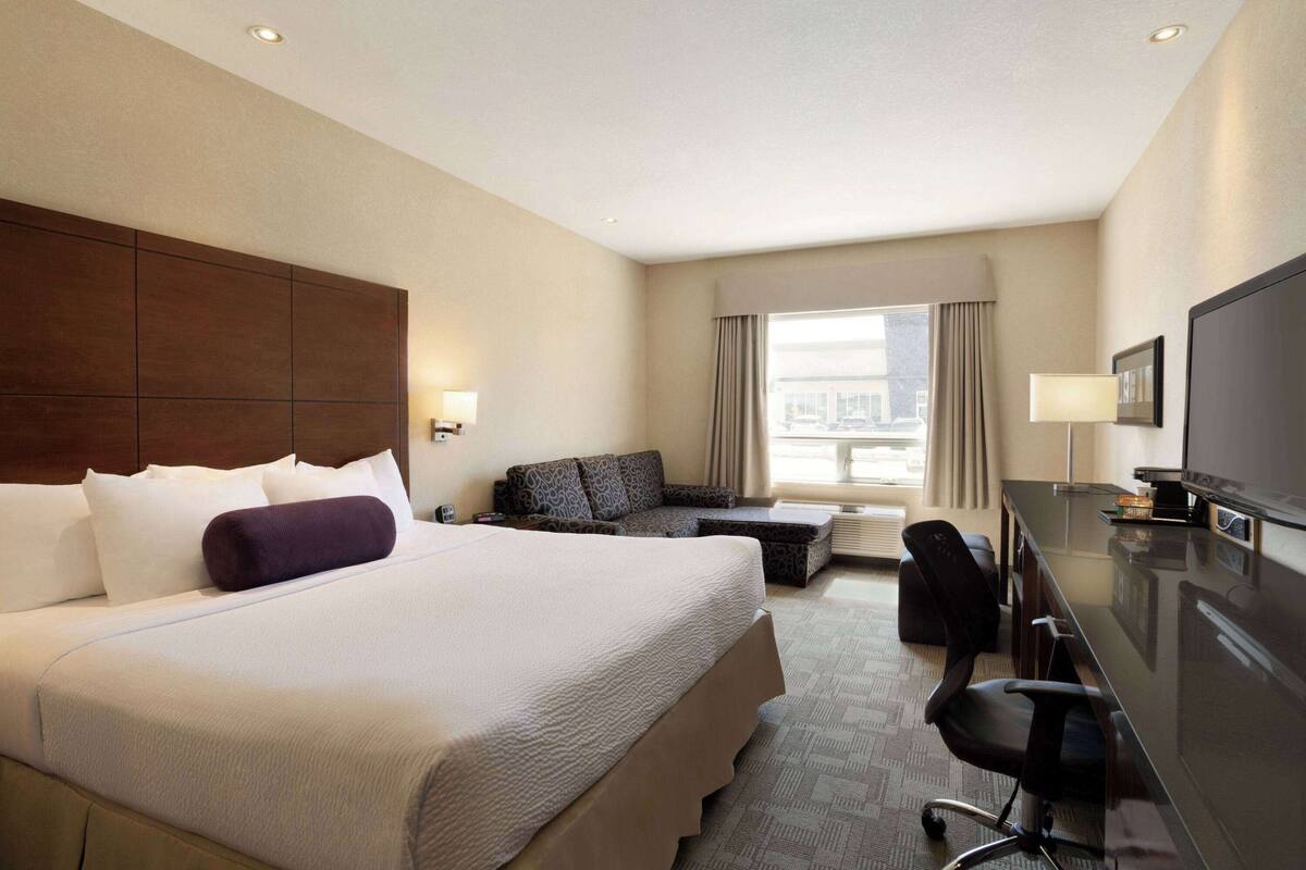 Habitación de hotel con una cama grande, un sofá, un escritorio con silla, televisor y ventana con cortinas.