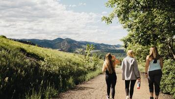 Ein Feldweg, auf dem drei Personen vom Betrachter weggehen, umgeben von Grünflächen und Bergen im Hintergrund.