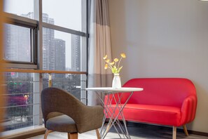 Desk, blackout curtains, soundproofing, iron/ironing board