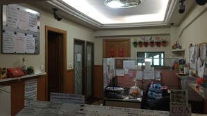 A hotel room with a skylight, a bulletin board with notices, a desk with a computer and papers, and a sign indicating the USA Hostel. - USA Hostel (Kowloon)