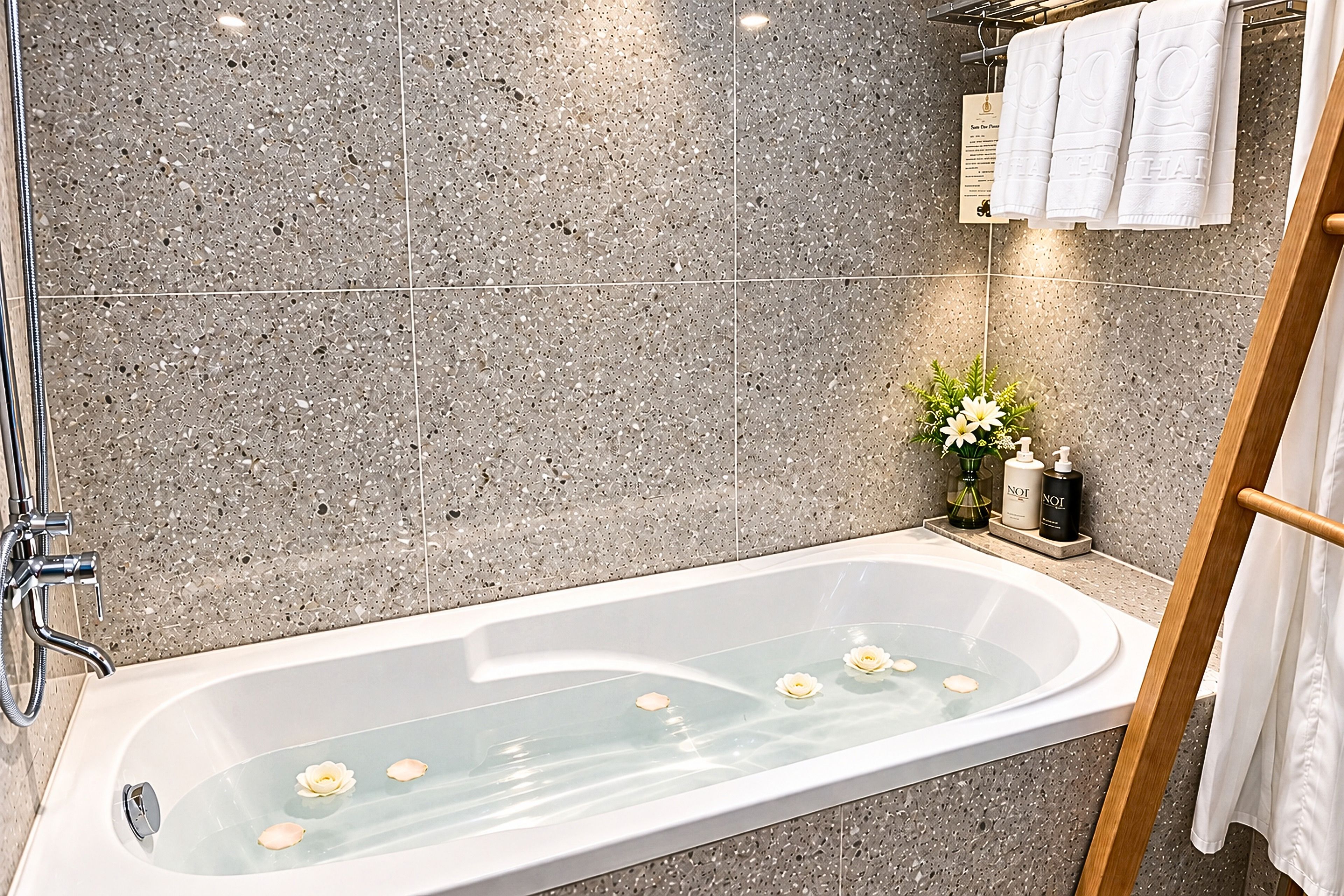 A modern bathroom with a freestanding bathtub, a towel rack, and toiletries on the counter.