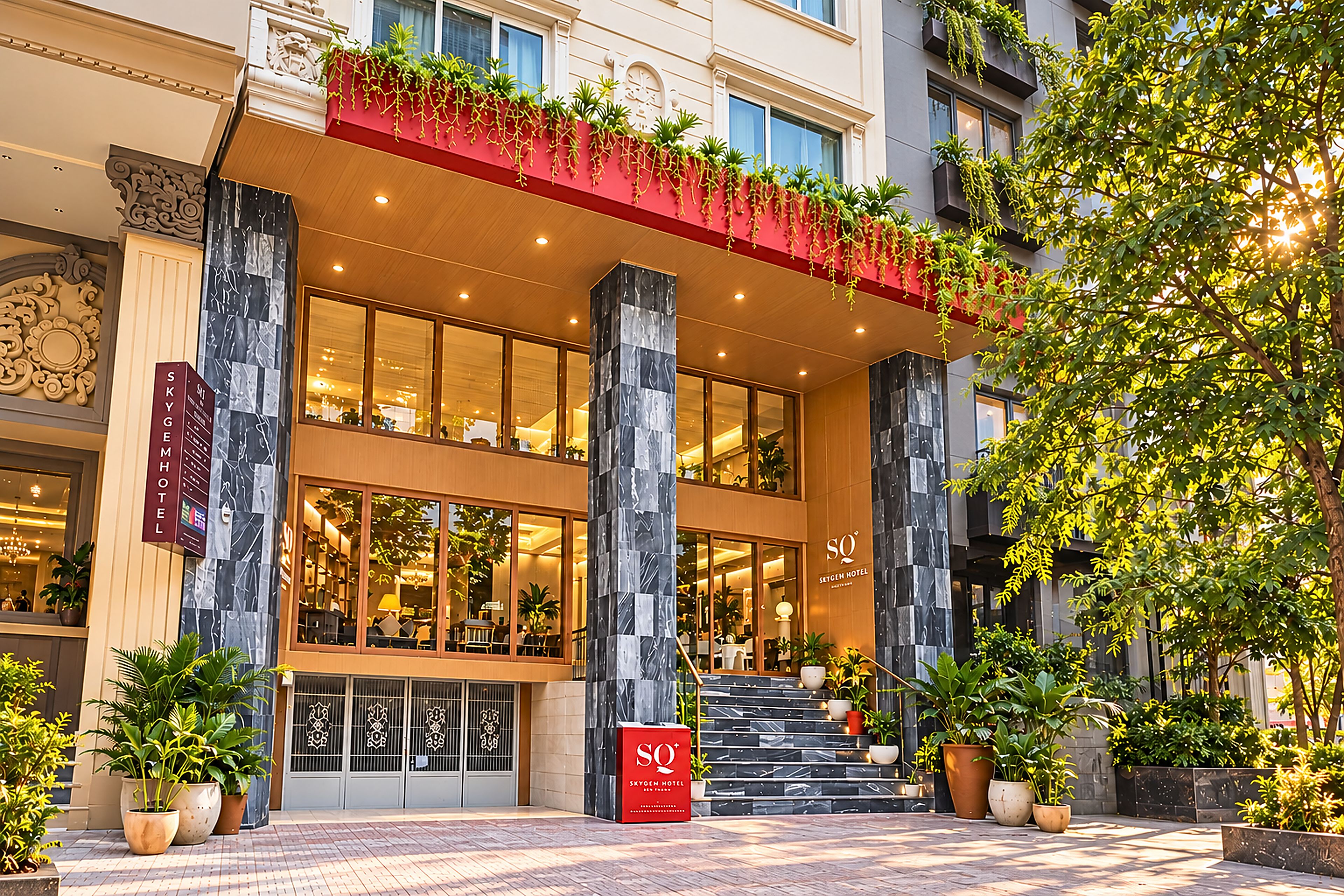 Ein Hotel mit rotem Vordach, großen Glasfenstern und einer Treppe zum Eingang.