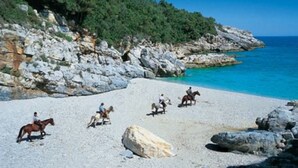 Une plage rocheuse où l’on peut voir des gens à cheval.