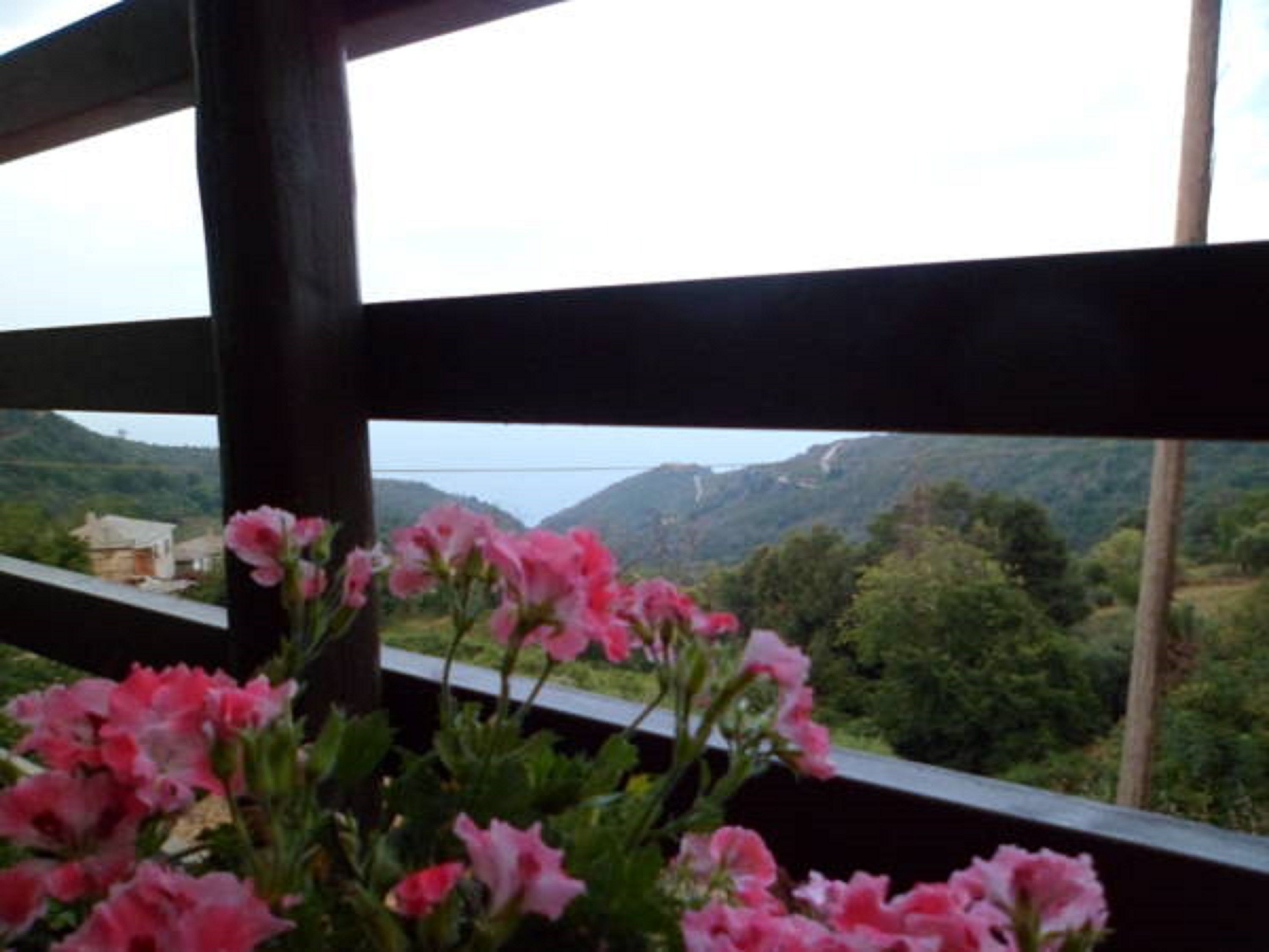 Een balkon met uitzicht op een bergachtig landschap.