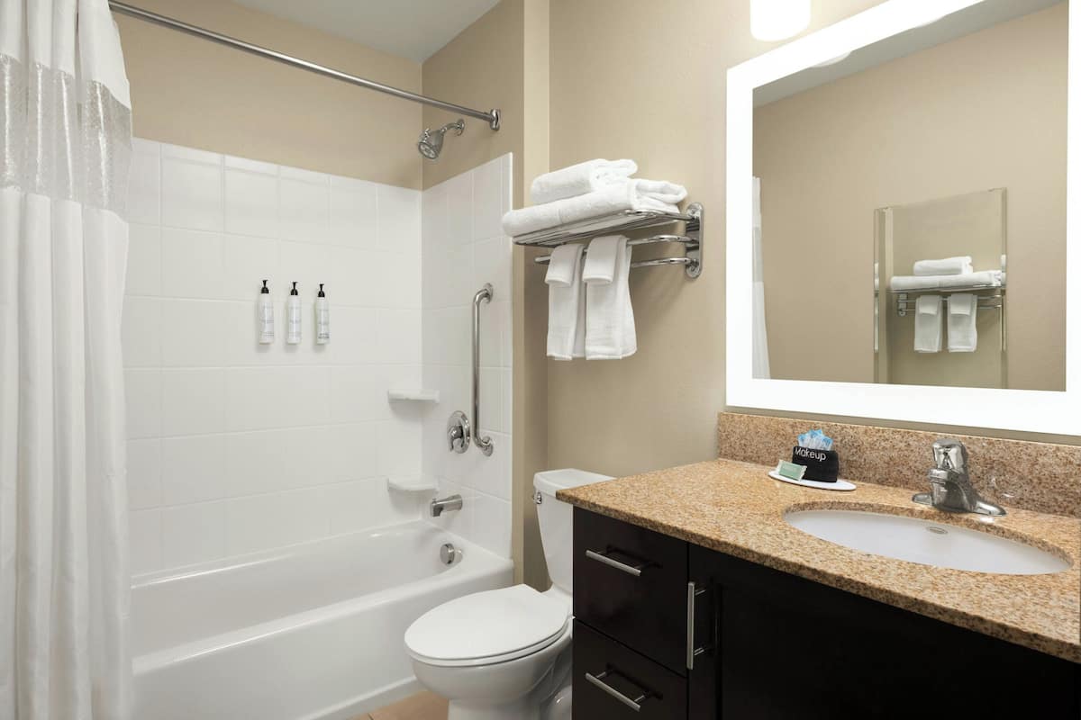 Combined shower/bathtub, free toiletries, hair dryer, towels