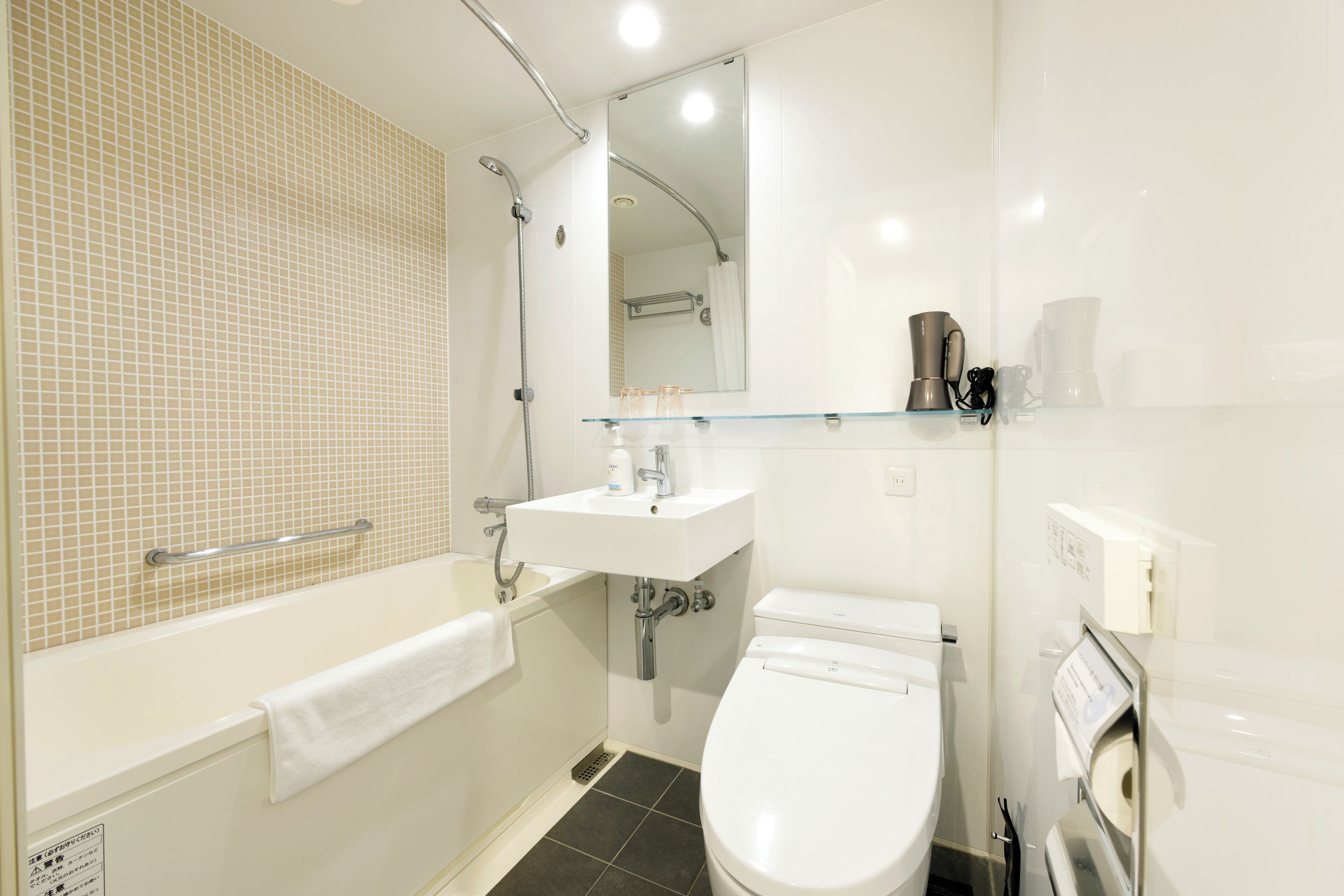 Combined shower/tub, free toiletries, hair dryer, slippers
