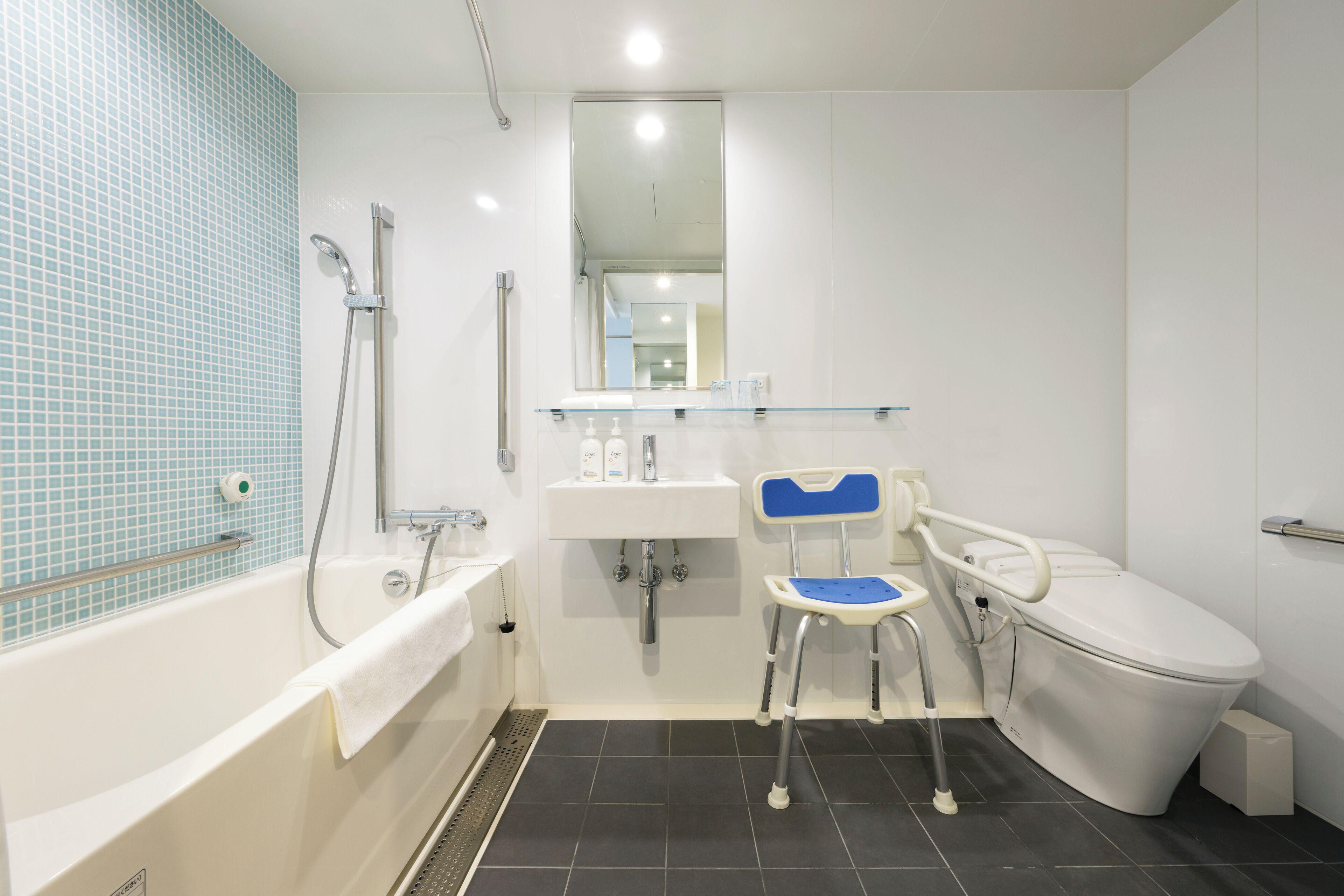 A modern bathroom with a bathtub, a toilet, and a shower.