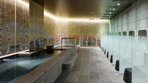 A modern spa area with a mosaic wall, a glass-enclosed pool, and a row of sinks.