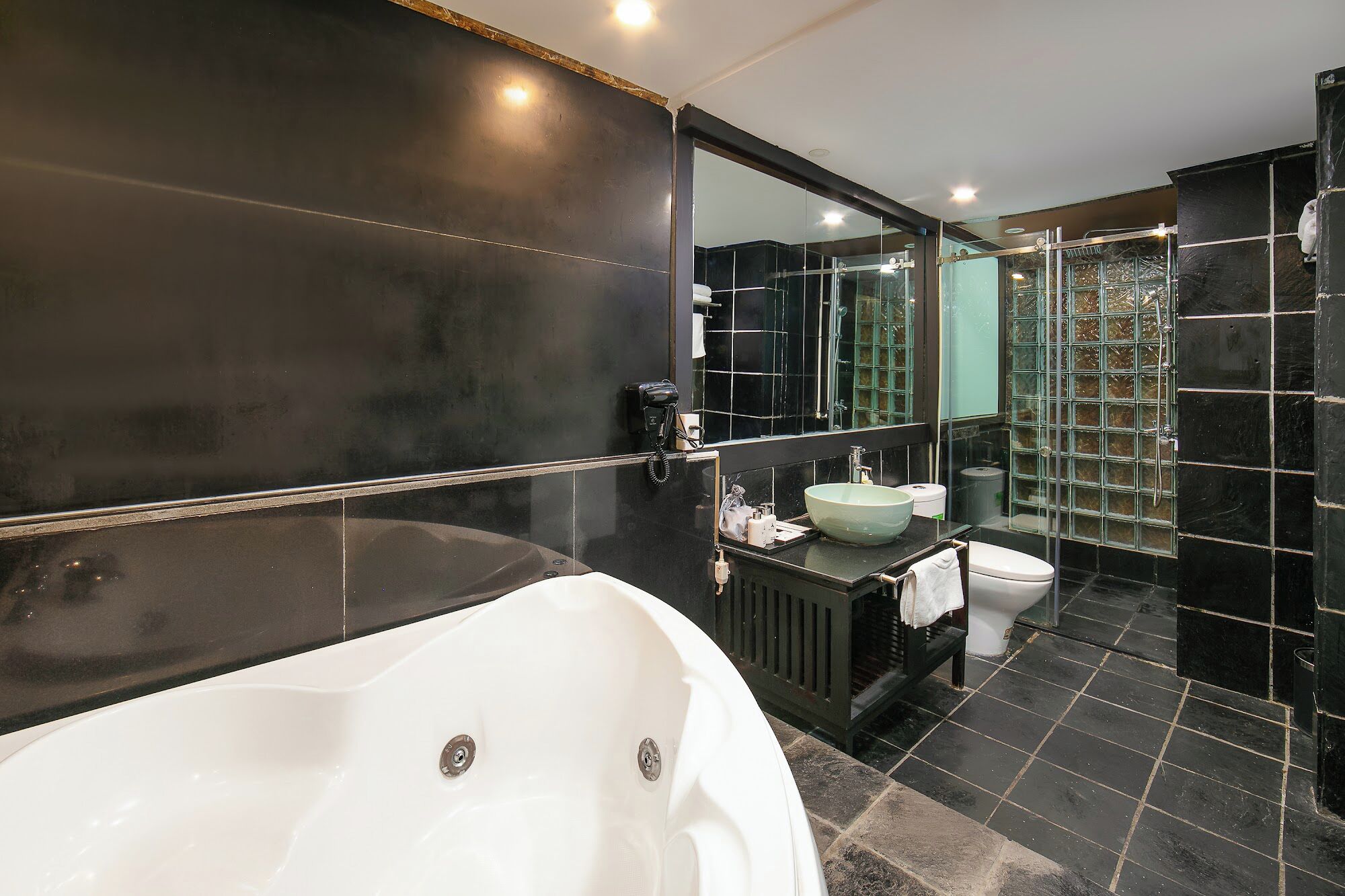 ja cosmo suite balcony with jacuzzi | bathroom | combined shower/bathtub, deep-soaking bathtub, hydromassage showerhead