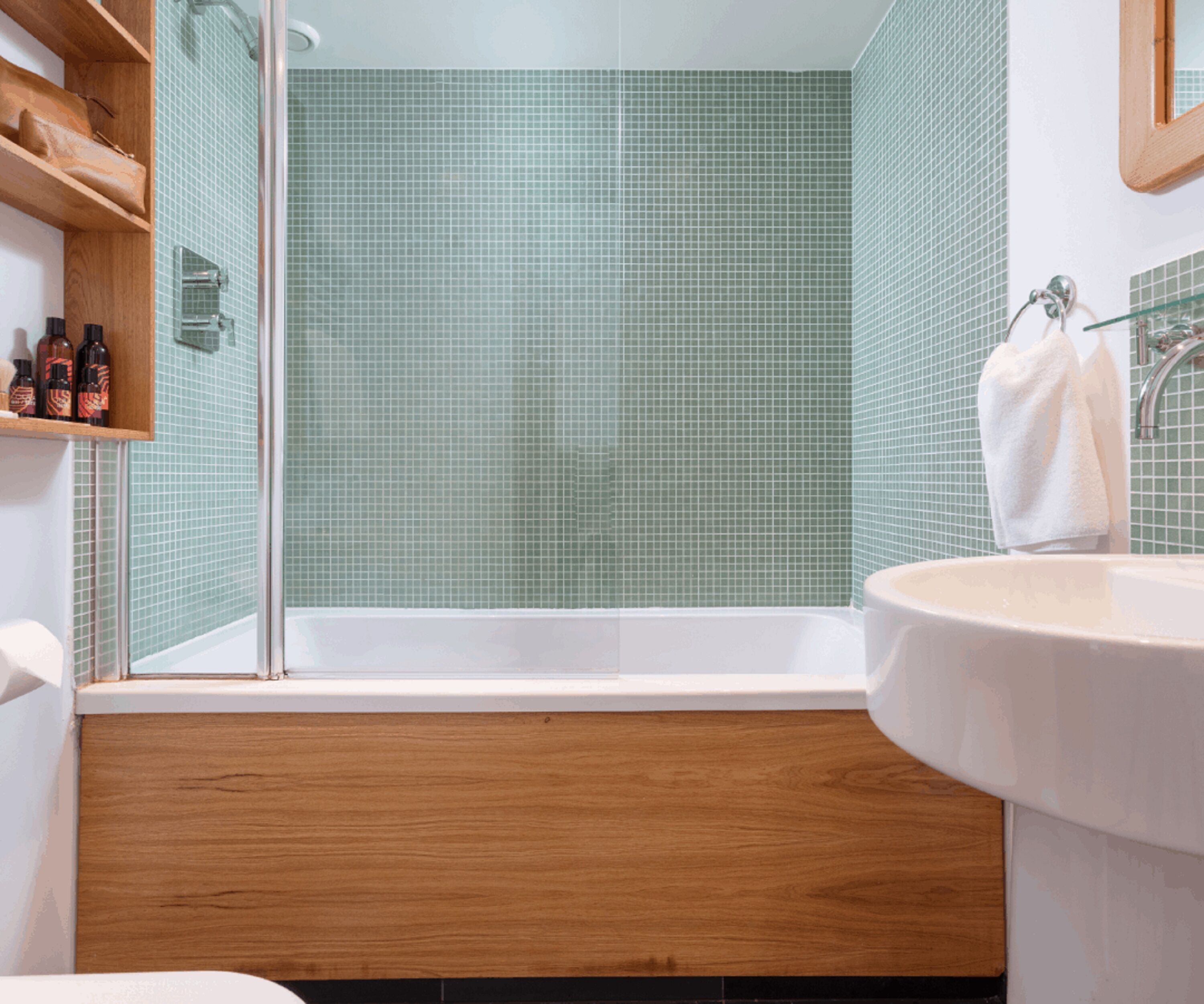 combined shower/bathtub, free toiletries, hair dryer, bathrobes