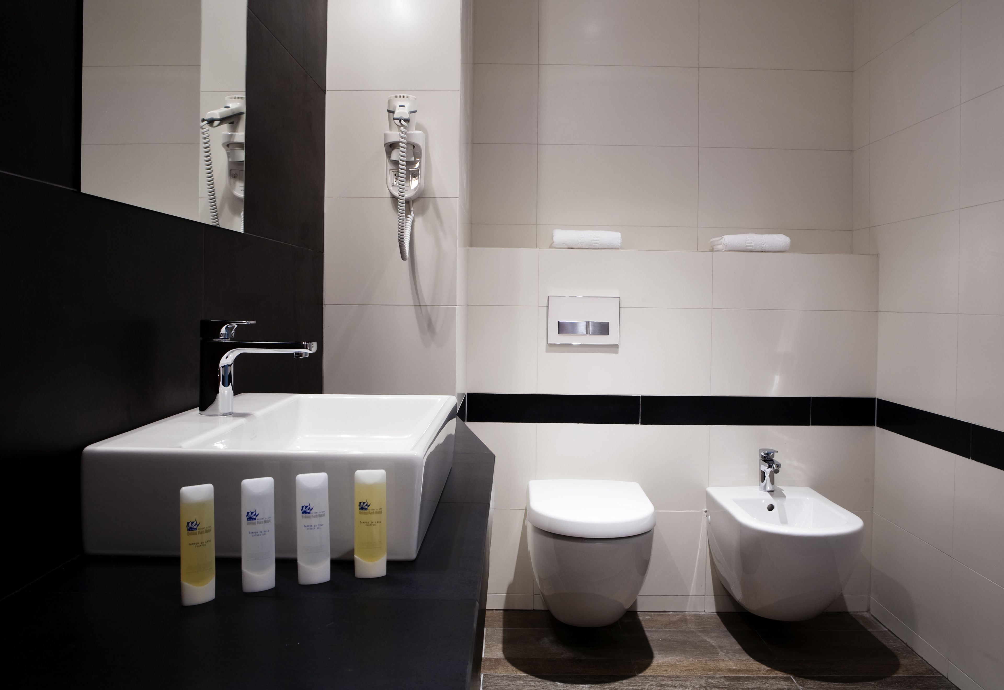 Een moderne badkamer met een groot wastafel, een toilet en een douchetoilet.