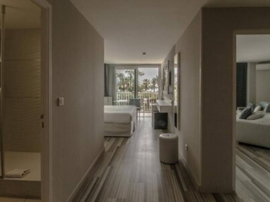 A modern hotel room with a shower, a bed, a seating area, and a balcony with a view.
