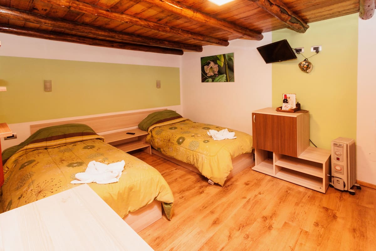 Una habitación con dos camas, suelo de madera, un televisor montado en la pared y un mueble pequeño.