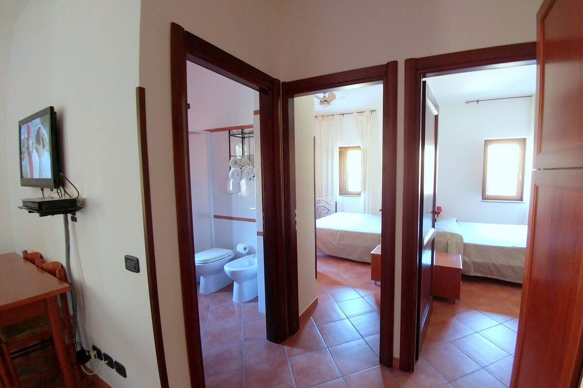 Ein Zimmer mit einem Bett, einem Fenster, einem Badezimmer mit Toilette und Waschbecken sowie einem an der Wand befestigten Fernseher.