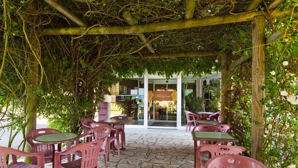 Un espacio exterior con mesas y sillas de plástico rosa sobre suelo de piedra, rodeado de vegetación y una pérgola de madera.
