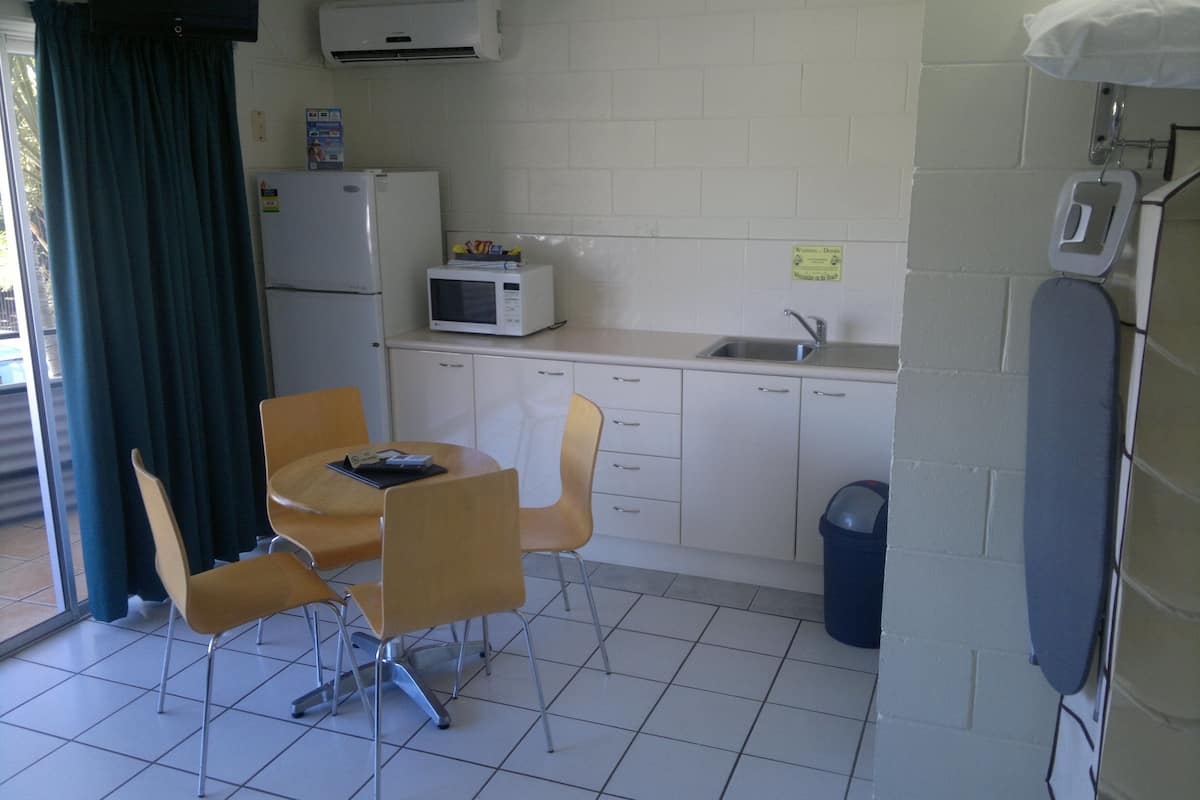 full-sized fridge, microwave, coffee/tea maker, electric kettle