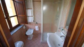 A bathroom with a toilet, bidet, shower, and sink.