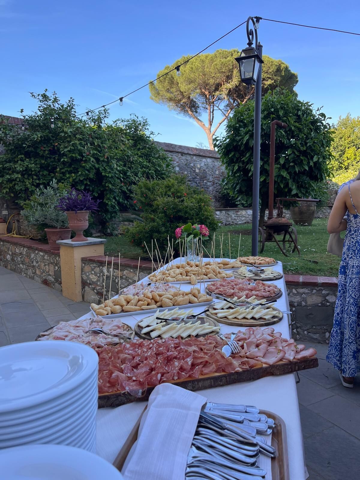 Un bufé al aire libre con diversos alimentos y utensilios.