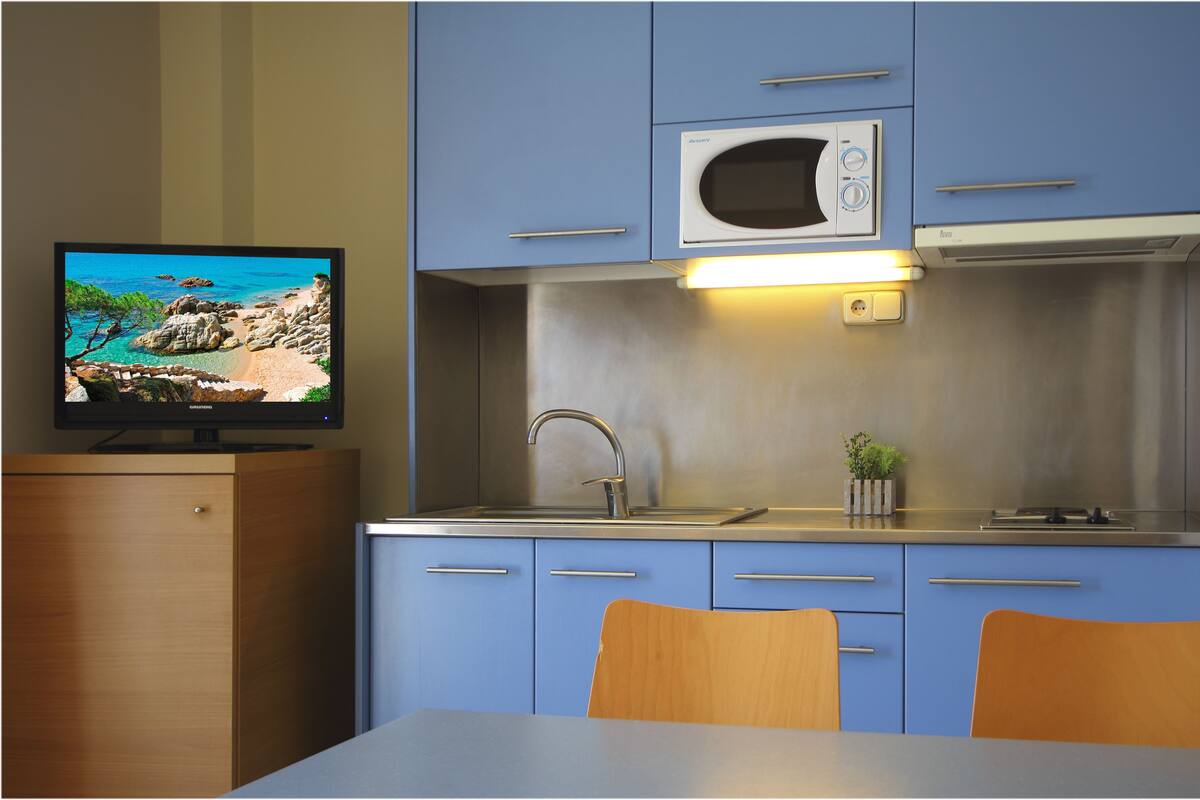 Eine kleine Küche mit Mikrowelle, Spüle und Fernseher, der eine Strandansicht zeigt.