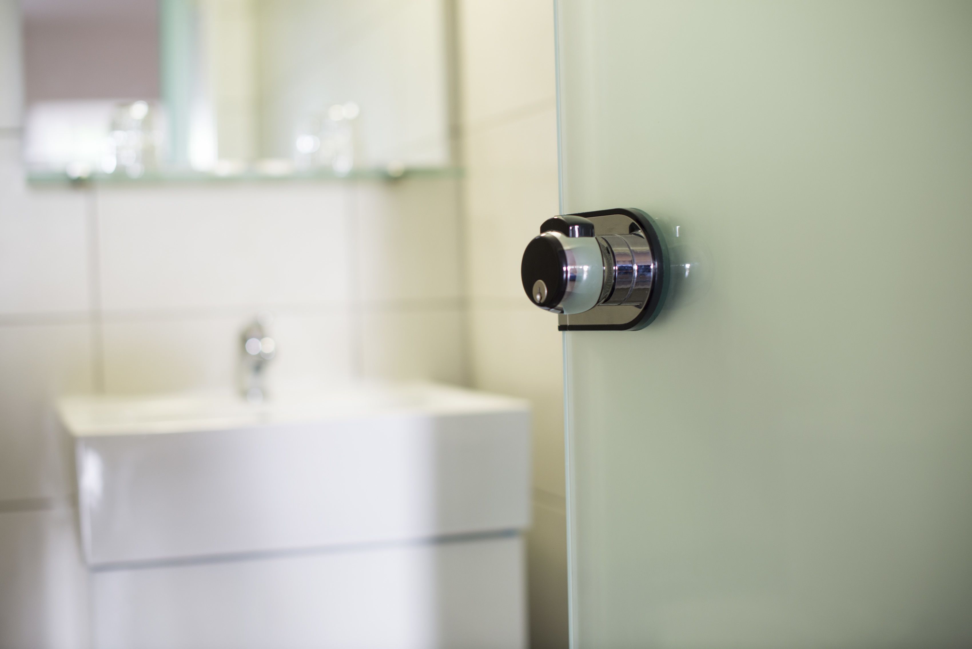 A bathroom with a glass shower door, a white sink, and a mirror above the sink.