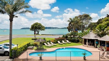 Outdoor pool, pool umbrellas, pool loungers