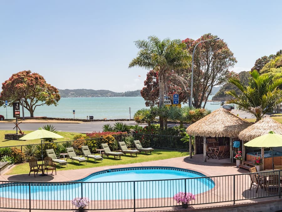 Outdoor pool, pool umbrellas, pool loungers