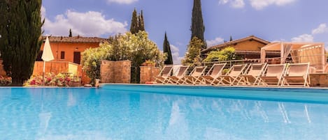 Seasonal outdoor pool, pool umbrellas, pool loungers
